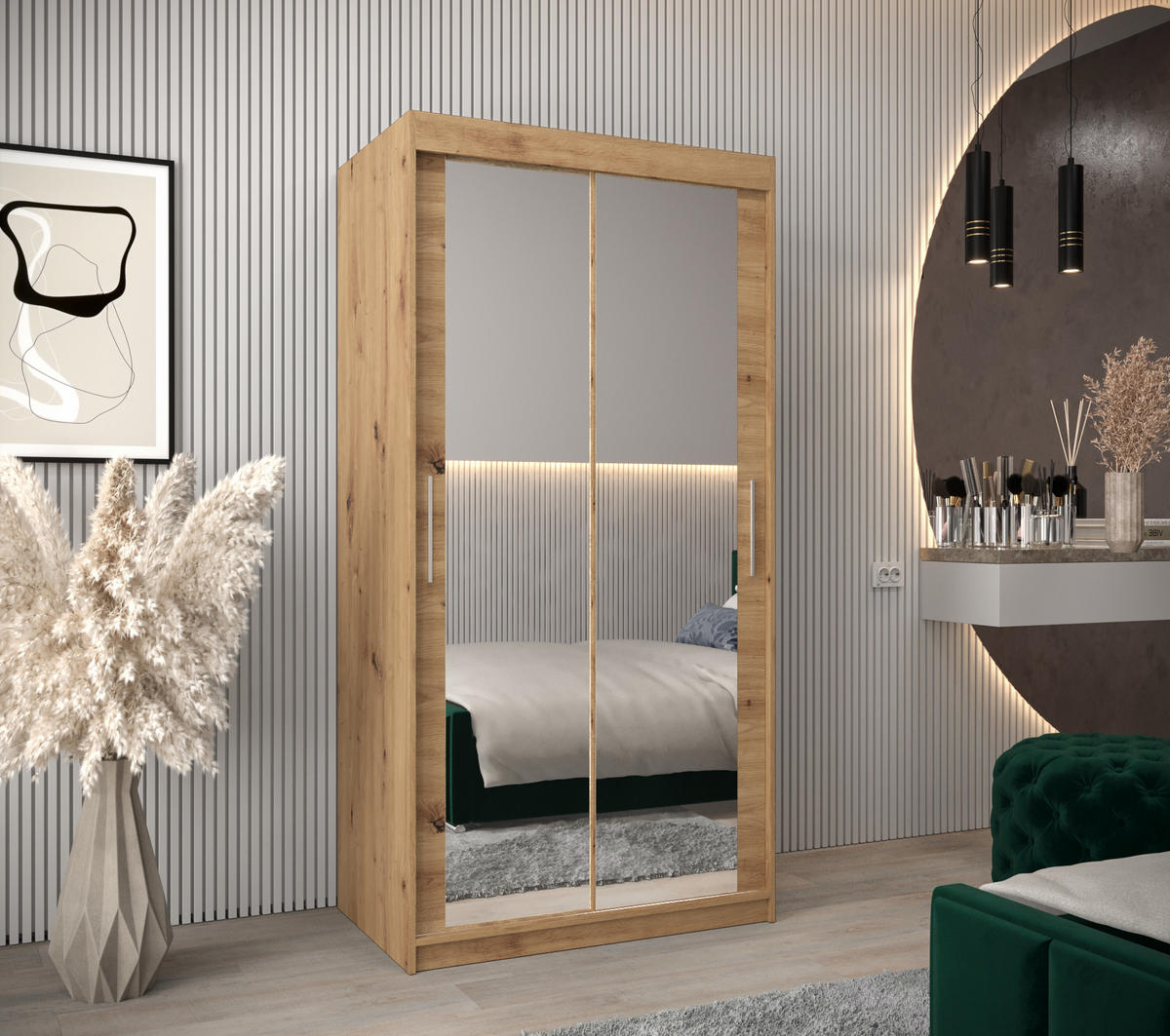 SCHWEBETÜRENSCHRANK 200/100/62 2-türig - Silberfarben/Eiche Artisan, Holz/Kunststoff (100/200/62cm) - MÖBEL KRYSPOL