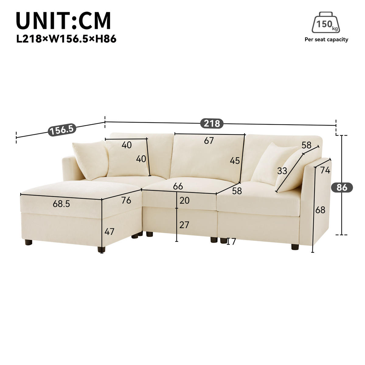 ECKSOFA, Chenille mit verstellbaren Armlehnen & Hocker, 218/156,5/86 cm, Beige - Beige, Textil (156.5/218cm) - Redom
