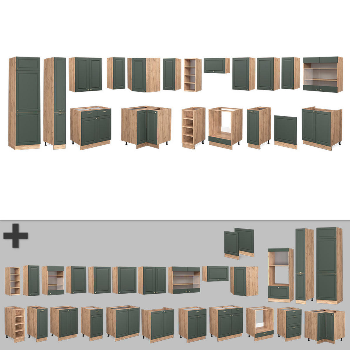 ECKKÜCHE Fame-Line Grün-Gold Landhaus/Goldkraft Eiche 347x257 cm AP Marmor - Eiche Wotan/Grün, Holzwerkstoff (347/81.6/60cm) - Vicco