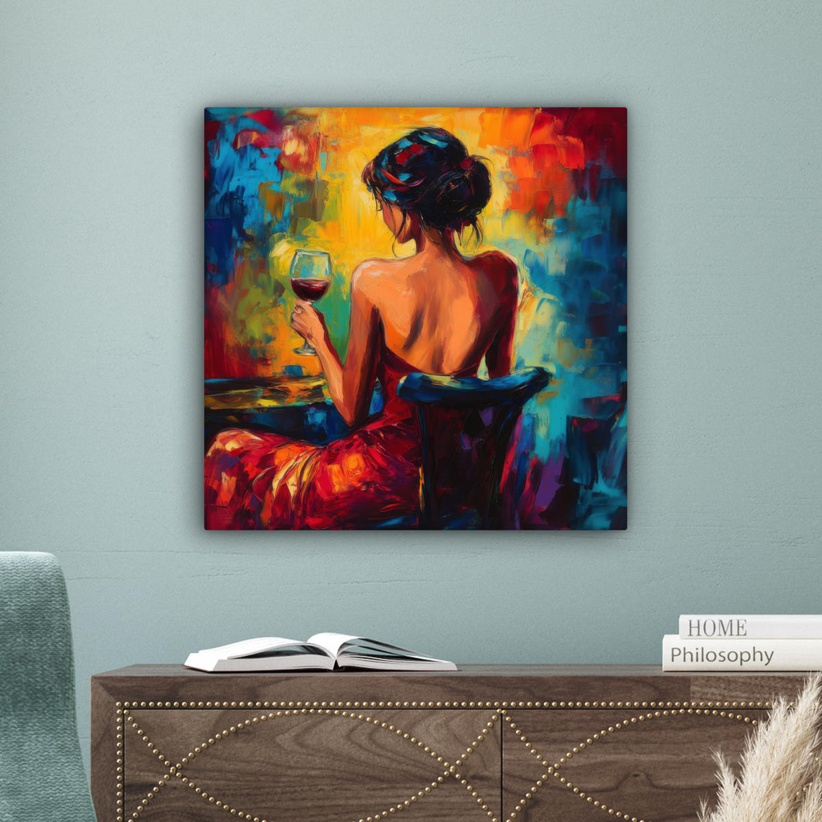 LEINWANDBILD Wein - Frau - Stimmungsvoll - Farbenfroh 50x50 cm - Bordeaux, Textil (50/50cm) - MuchoWow