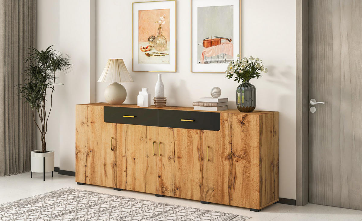 SIDEBOARD Holz- und Schwarzoptik 208/39,5/80 cm - Braun, Holzwerkstoff (39.5/80/208cm) - Urban Meuble
