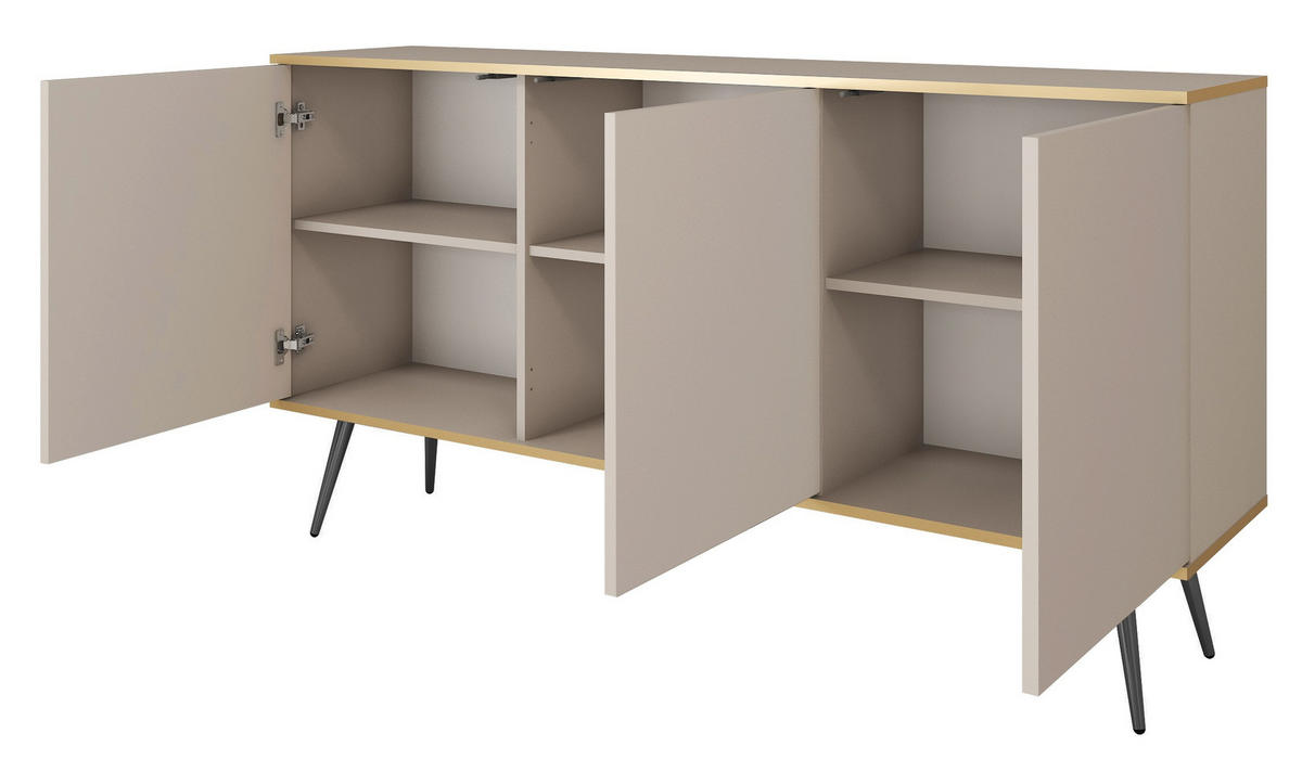 KOMMODE 160cm Rodi auf Beinen - 3 Türen, Beige + Gold - Beige/Goldfarben, Holz (160/85/39cm) - Emporius