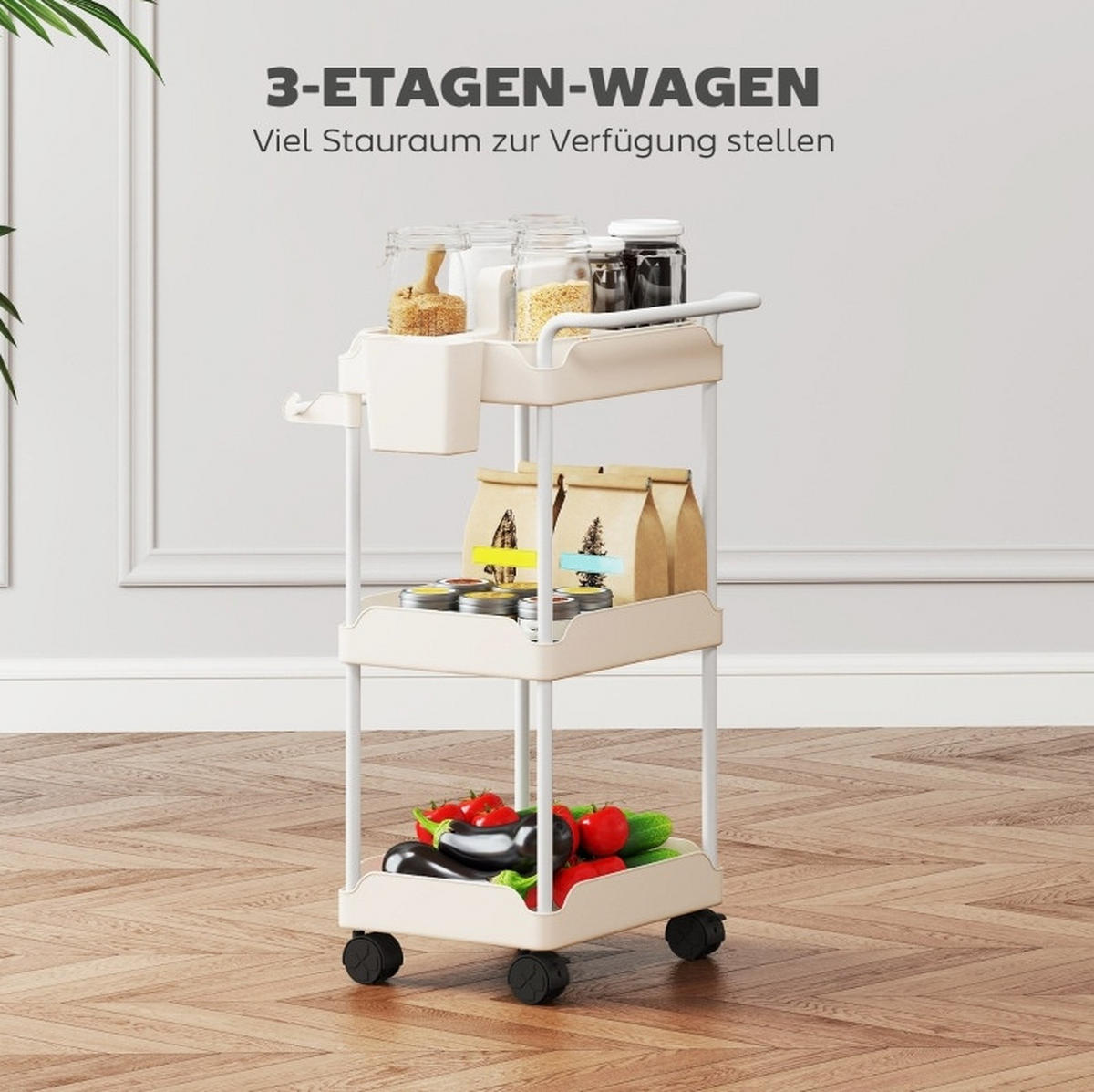 AUFBEWAHRUNGSWAGEN mit 3 Körben, Handtuchhalter und Rollen Weiß - Weiß, Metall (42/76/42.5cm) - Beauniv
