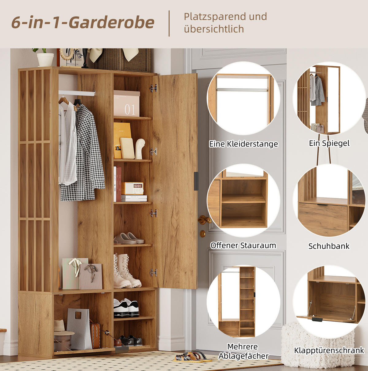 GARDEROBENSCHRANK 100/33/190 cm aus Spanplatte mit Spiegel und Kleiderstange Natur - Naturfarben, Holzwerkstoff (33/190/100cm) - Modenvie