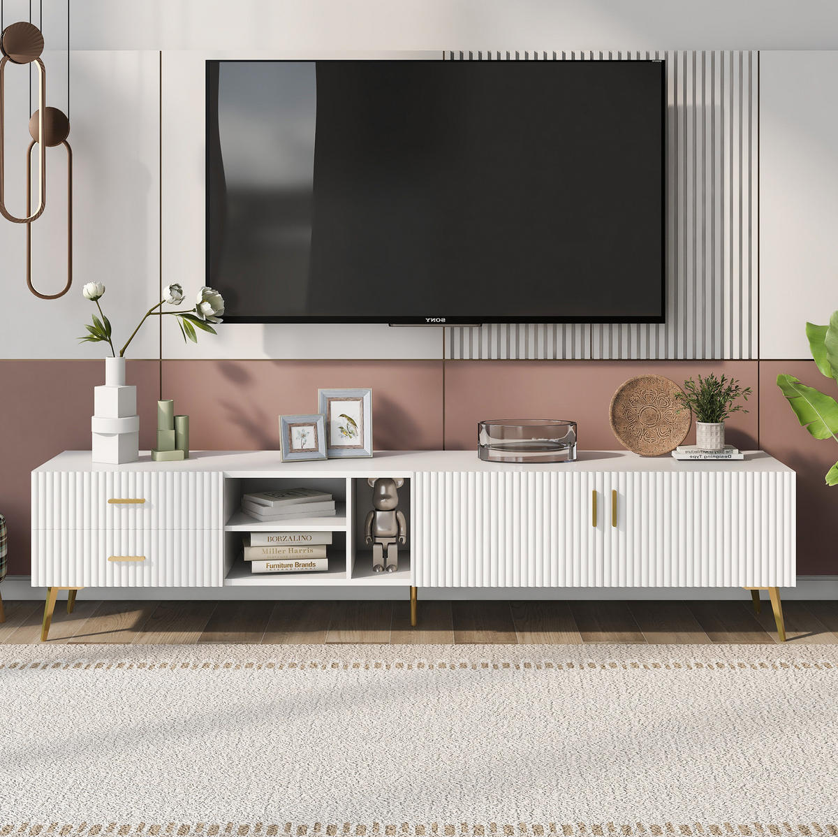 TV stolek 180/35/41 cm pro TV do 80 palců, se 2 zásuvkami a 2 dvířky, z MDF, Bílá - bílá, kompozitní dřevo (180/41/35cm) - Redom