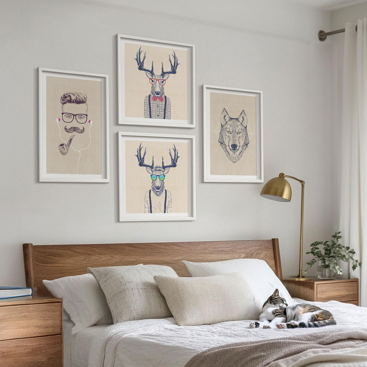 WANDBILDER 4er-Set - 50x50 cm & 40x60 cm Weißer Rahmen - Stilvolle Tierporträts - Weiß, Kunststoff (50/50cm) - ArtPrintCave