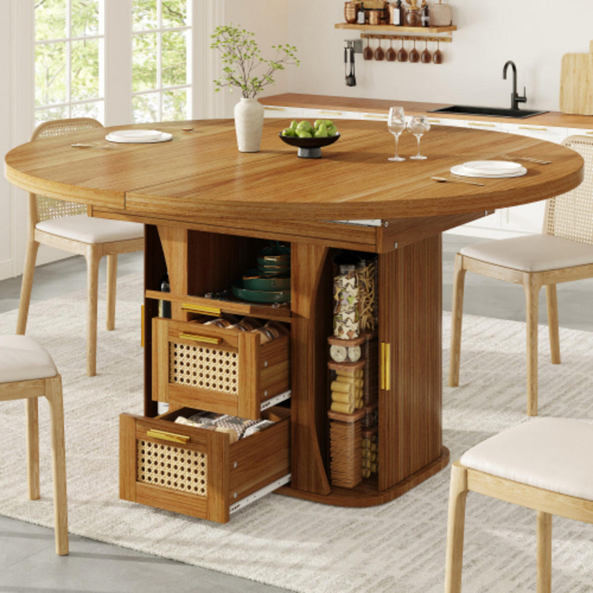 ESSTISCH Ausziehbarer 118-158×118×77,1 cm aus MDF und Metall mit Rattan-Schubladen, eichefarben - Eichefarben, Holzwerkstoff (158/118/77.1cm) - Luhomfu