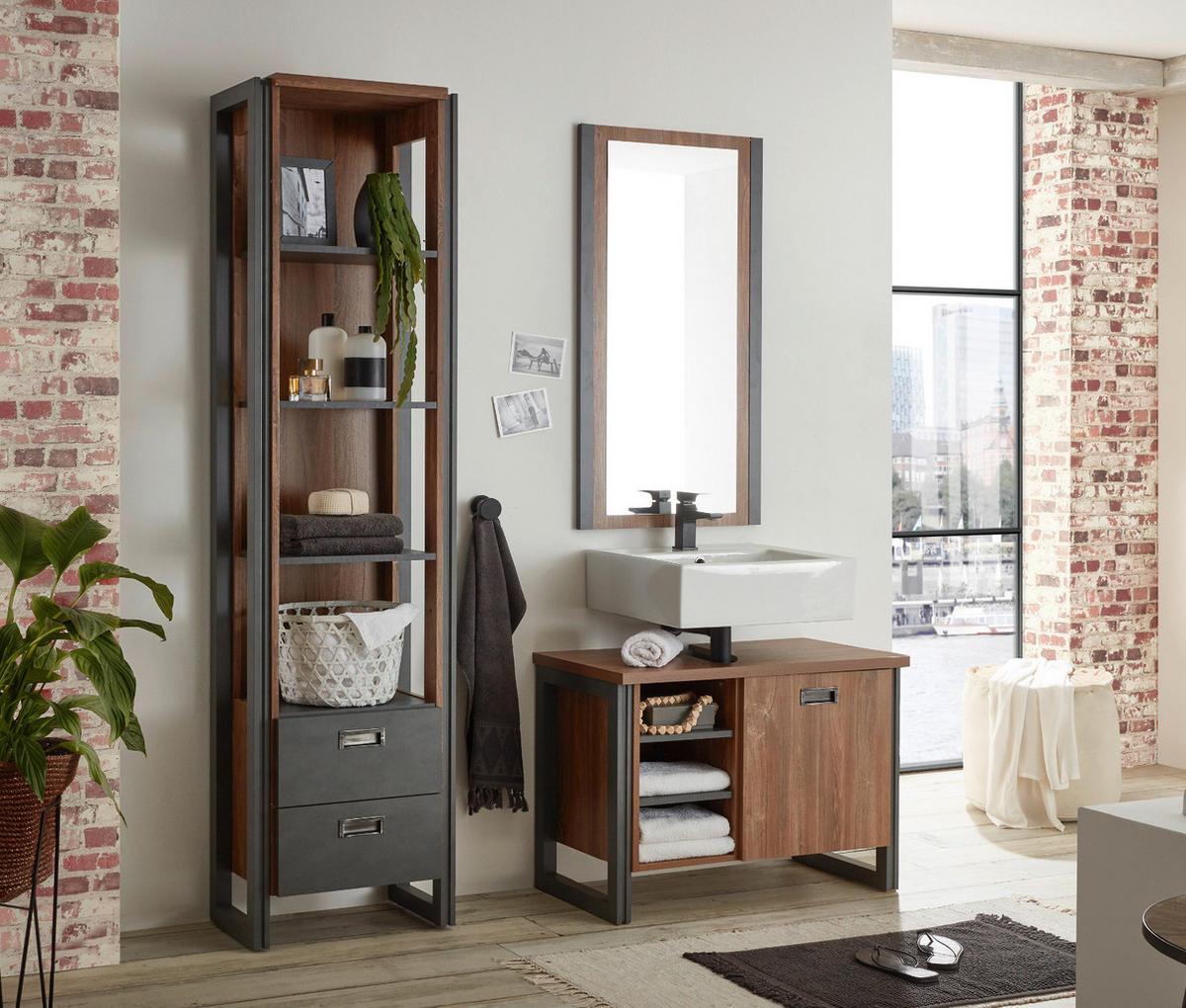 BADMÖBEL-SET 3-teilig Eiche Stirling, Matera grau, Badkombination 140 x 205 cm - Eichefarben/Silberfarben, Holzwerkstoff/Metall (140/205/40cm) - Furn.Design