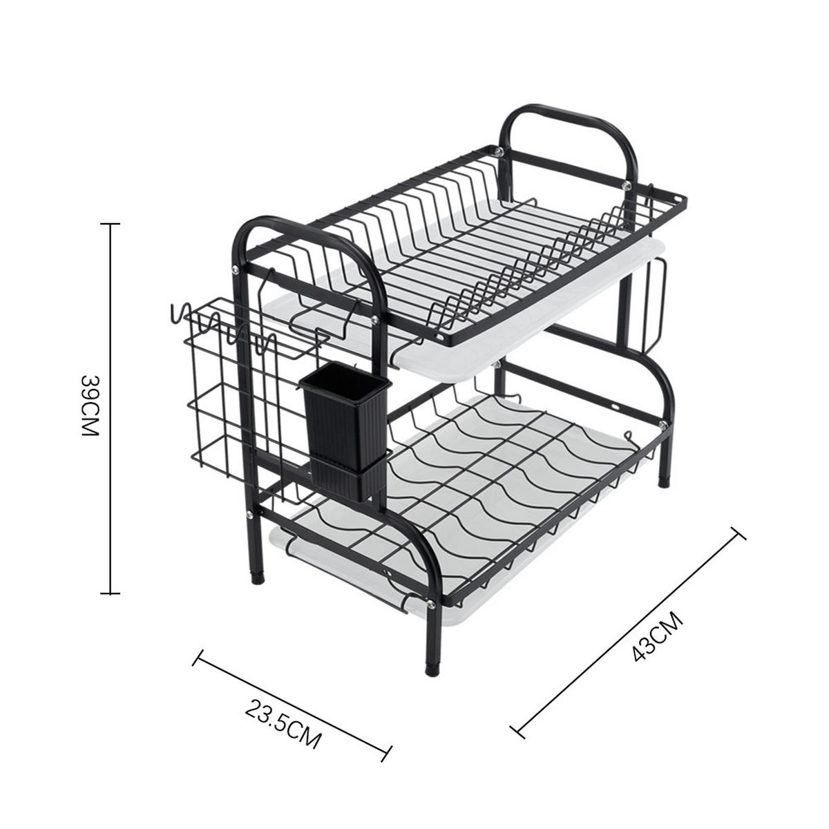 GESCHIRRABTROPFGESTELL Zweistufiges aus rostfreiem Stahl in Schwarz Leicht zu montieren Rutschfest und oberflächenschonend 43 x 23,5 x 39 cm - Schwarz, Metall (43/39/23.5cm) - Livingandhome