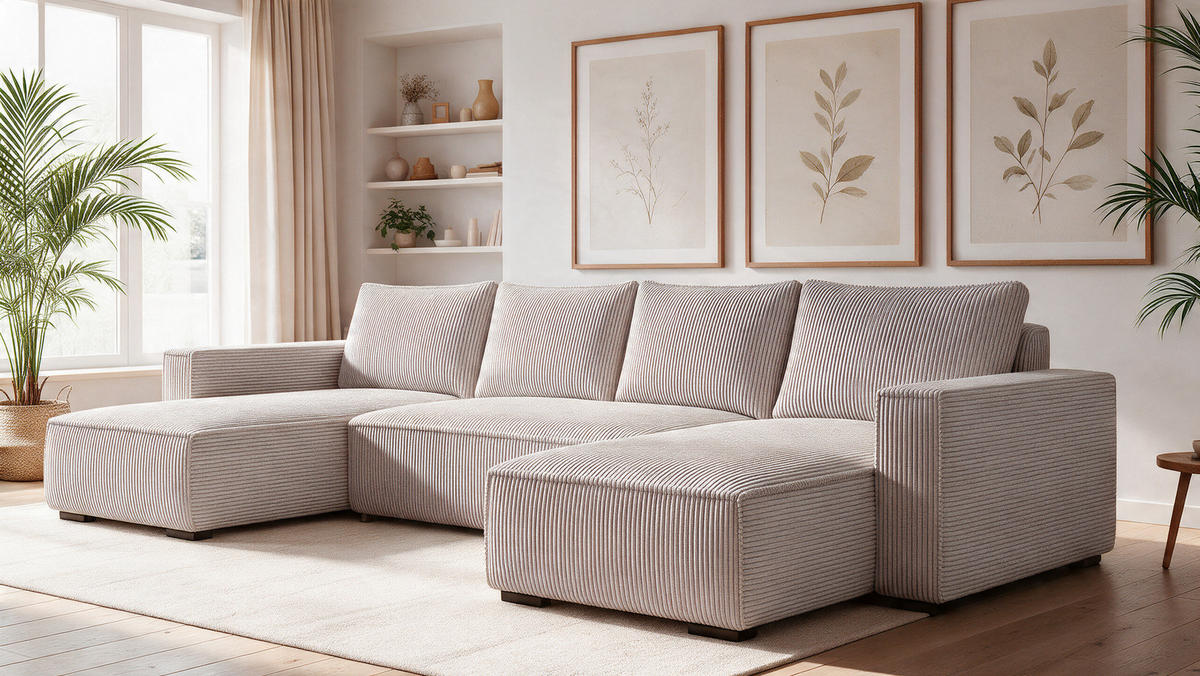 WOHNLANDSCHAFT CUDDY U mit Schlaffunktion und Bettkasten, Farbe: Braun, Cordstoff - Cappuccino, Textil (308/85/144cm) - Storez24