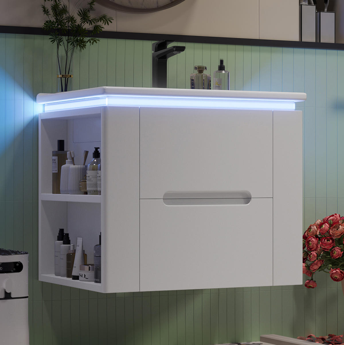 WASCHTISCHKOMBI 60/46/48,5 cm in Weiß mit LED-Sensorleuchte und 2 Schubladen - Weiß, Holzwerkstoff (61/48.5/46cm) - BEAOK