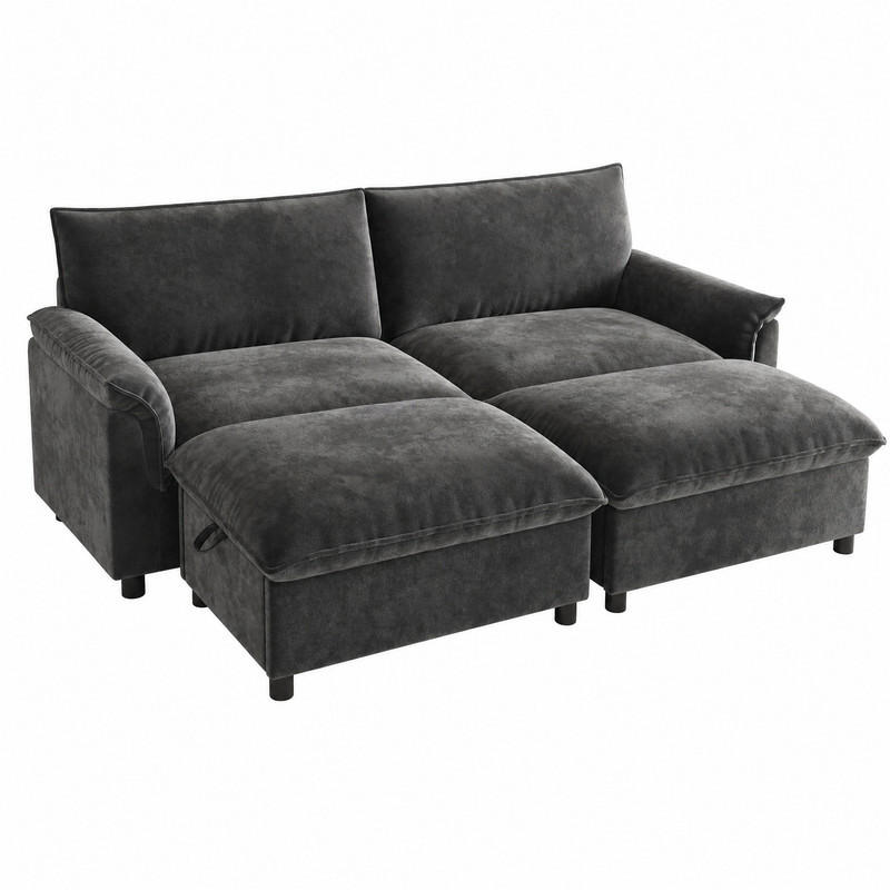 SOFA mit Fußhocker und Stauraum 216 x 77 x 82 cm Chenille Schwarz - Schwarz, Holzwerkstoff (77/82/216.1cm) - Meubliv