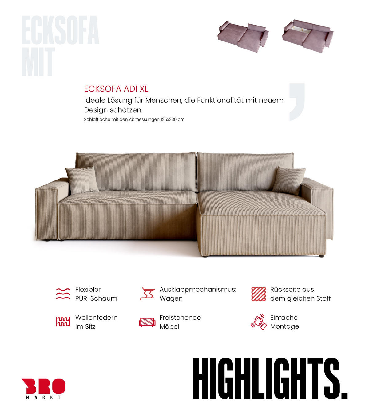 ECKSOFA ADI XL mit Schlaffunktion Beige Cord - Beige, Textil (272/143cm) - Bromarkt