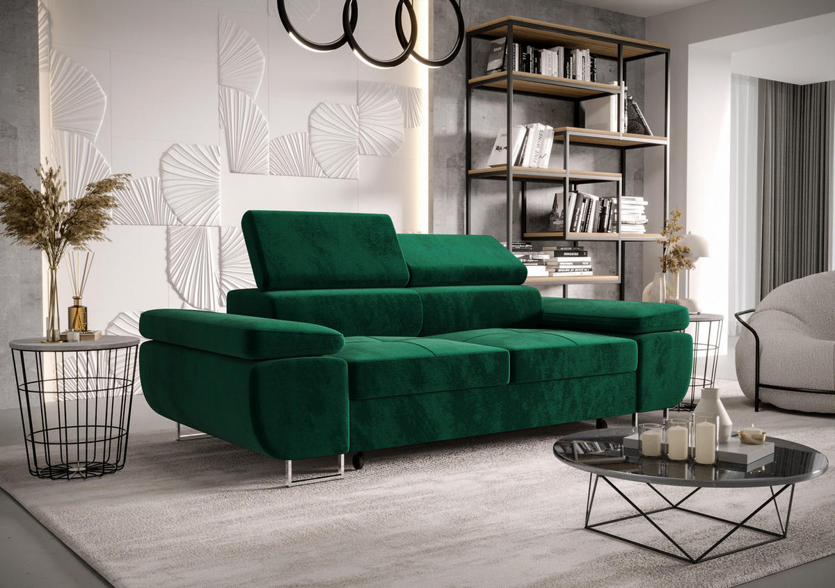 SCHLAFSOFA PRAGA 2, Sofa mit Schlaffunktion, Farbe: Grün, Velourstoff - Grün, Textil (208/90/100cm) - O-Sofa
