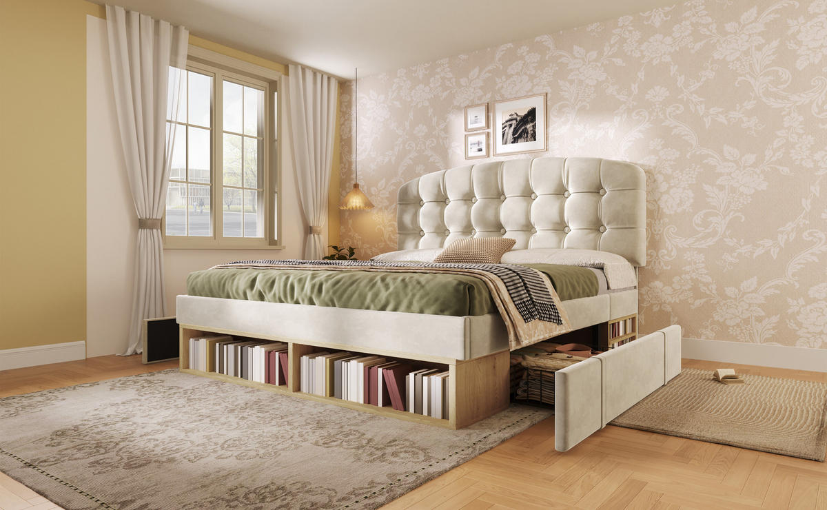 POLSTERBETT 140/190 cm in Beige Samt mit Schubladen, Regal und verstellbarem Kopfteil - Beige, Holzwerkstoff/Textil (140/190cm) - CHICFURN