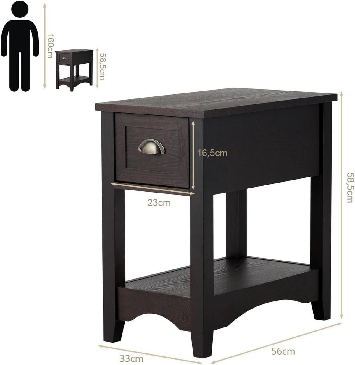 BEISTELLTISCH 59cm Dunkelbraun - Braun, Holz (56/33/59cm) - COSTWAY