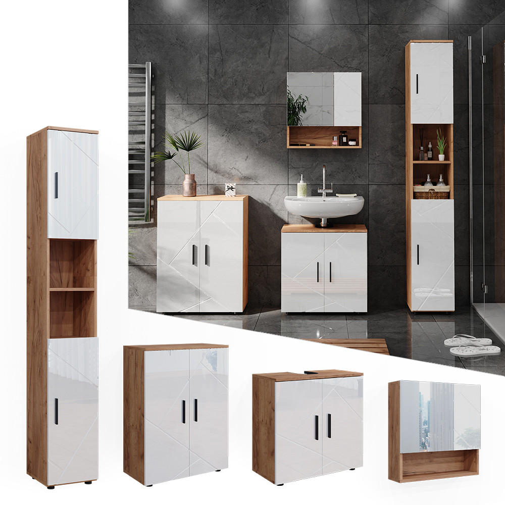 BADMÖBEL-SET Irma Weiß Hochglanz/Goldkraft Eiche 4 Teile und Kommode - Weiß Hochglanz/Eiche Wotan, Holzwerkstoff (80/58.6/41cm) - Vicco