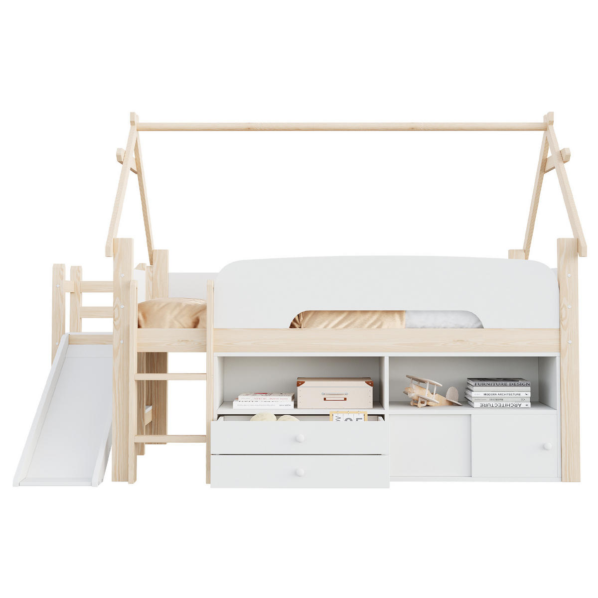 HOCHBETT aus Massivholz und MDF 90x200 cm Natur/Weiß mit Rutsche, Stauraum und Dachrahmen - Weiß, Holz (90/200cm) - Modfu