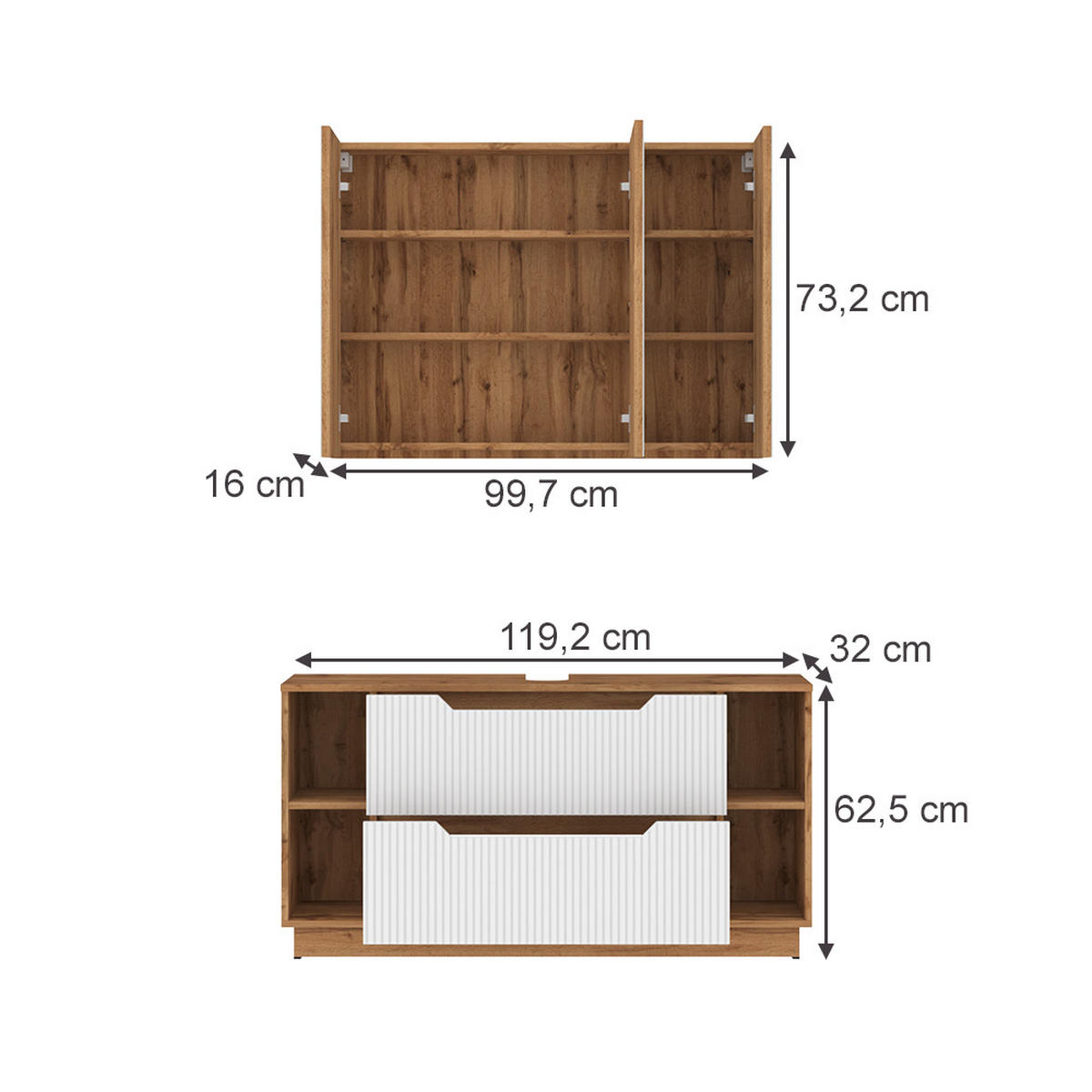 BADMÖBEL-SET Lotta Eiche/weiß gestreift 2 Teile - Eichefarben/Weiß, Holzwerkstoff (119.2/62.5/35cm) - Vicco