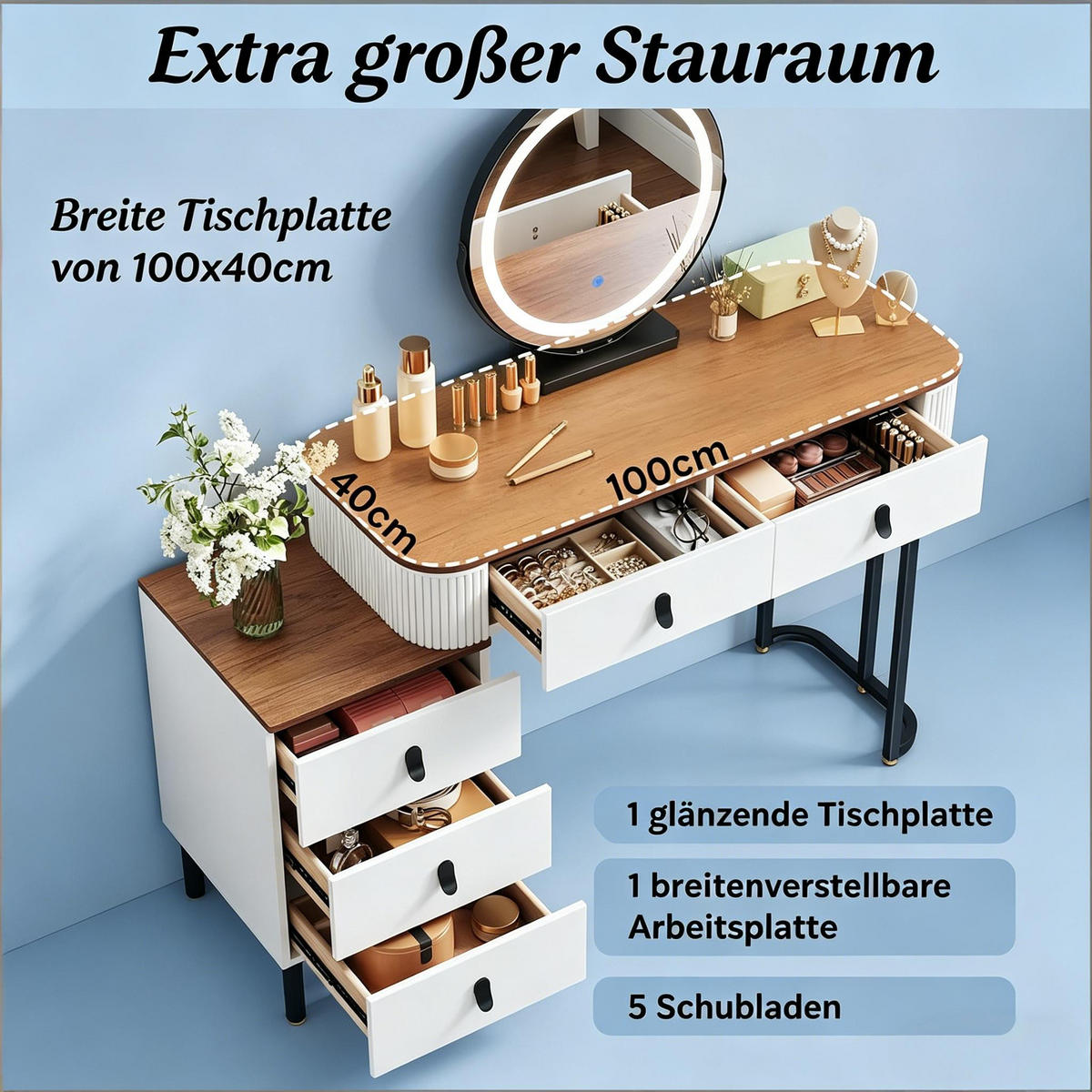 SCHMINKTISCH mit verstellbarem runden LED-Spiegel / 5 Schubladen / gepolstertem Hocker - Braun, Glas (125/100/40cm) - Vallsero
