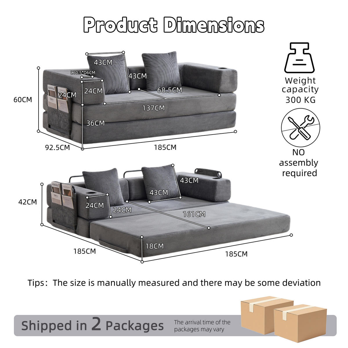 SCHLAFSOFA DE-33515 faltbar mit Becherhalter Dunkelgrau - Dunkelgrau, Textil (185/60/92.5cm) - ComfortXL