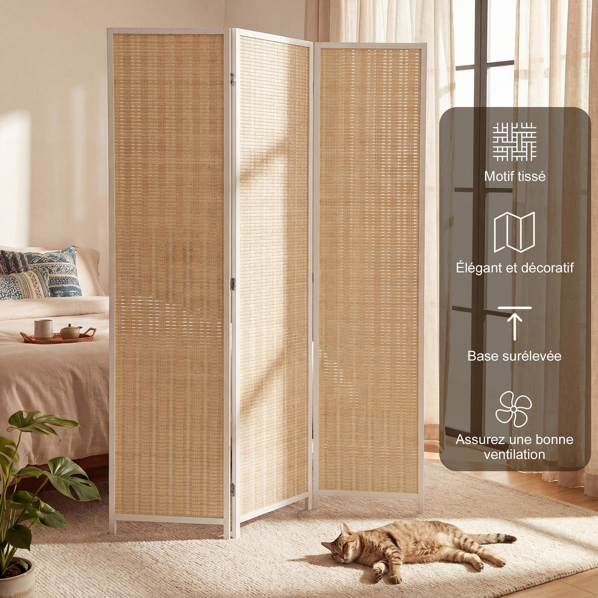 PARAVENT 3-tlg DE-14372 faltbar mit Bambusgeflecht Weiß - Weiß, Naturmaterialen (135/180/1.7cm) - ComfortXL