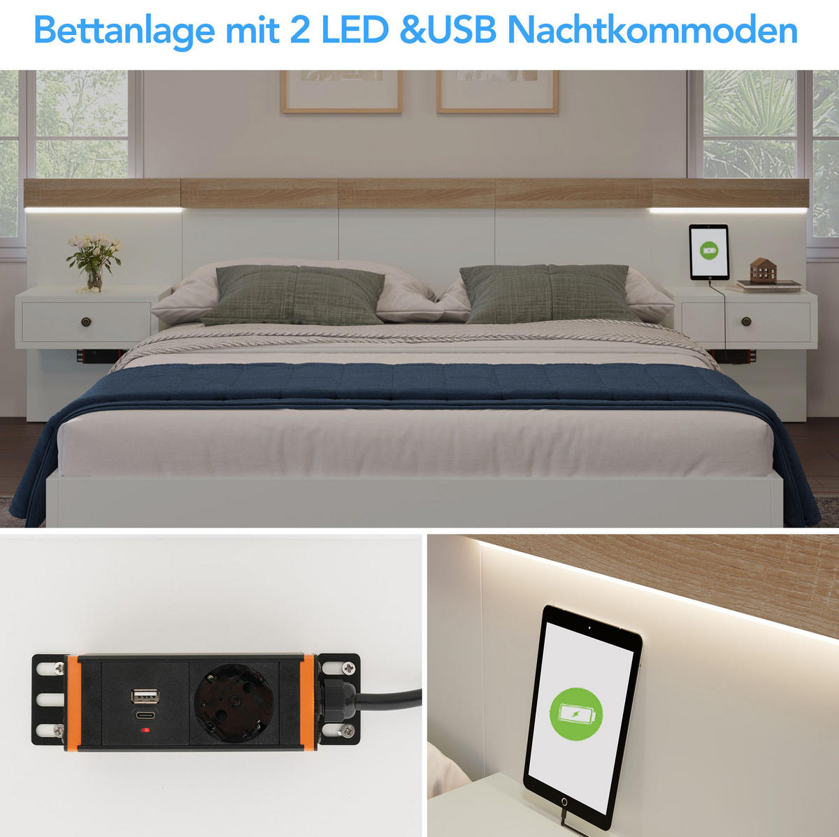 DOPPELBETT 140/200 cm mit 2 LED-Nachtkommoden, USB/Typ-C und Steckdose, Schwebeoptik, Sonoma-Eiche/Weiß - Weiß, Holzwerkstoff (140/200cm) - Redom