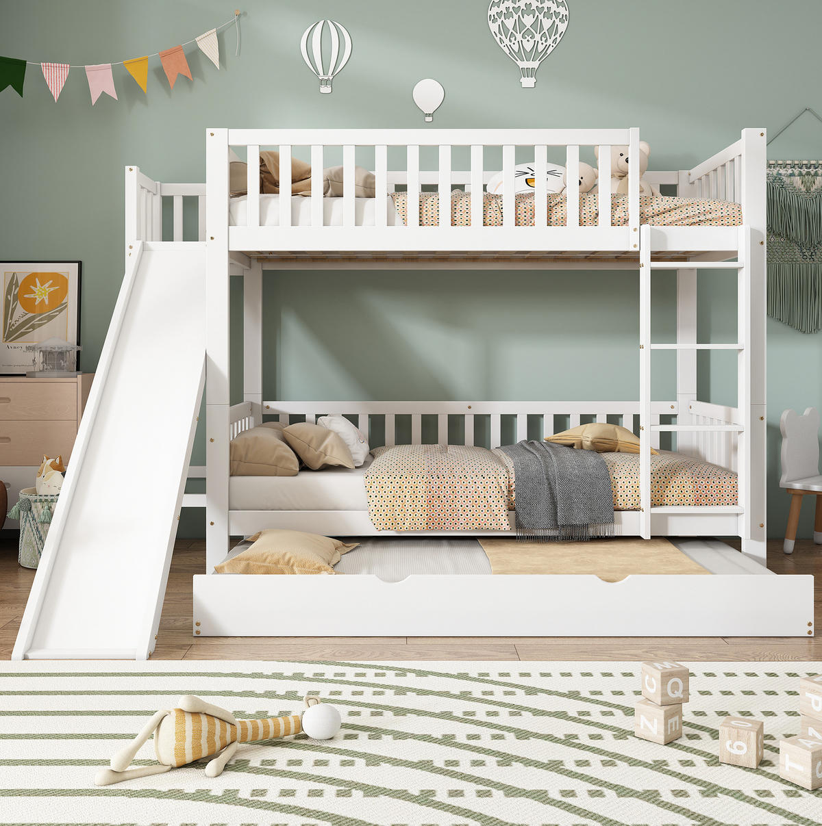 ETAGENBETT 90/200 cm mit Rollbett 90/190 cm, Rutsche und Regalen, Weiß - Weiß, Holzwerkstoff (90/200cm) - BEAOK