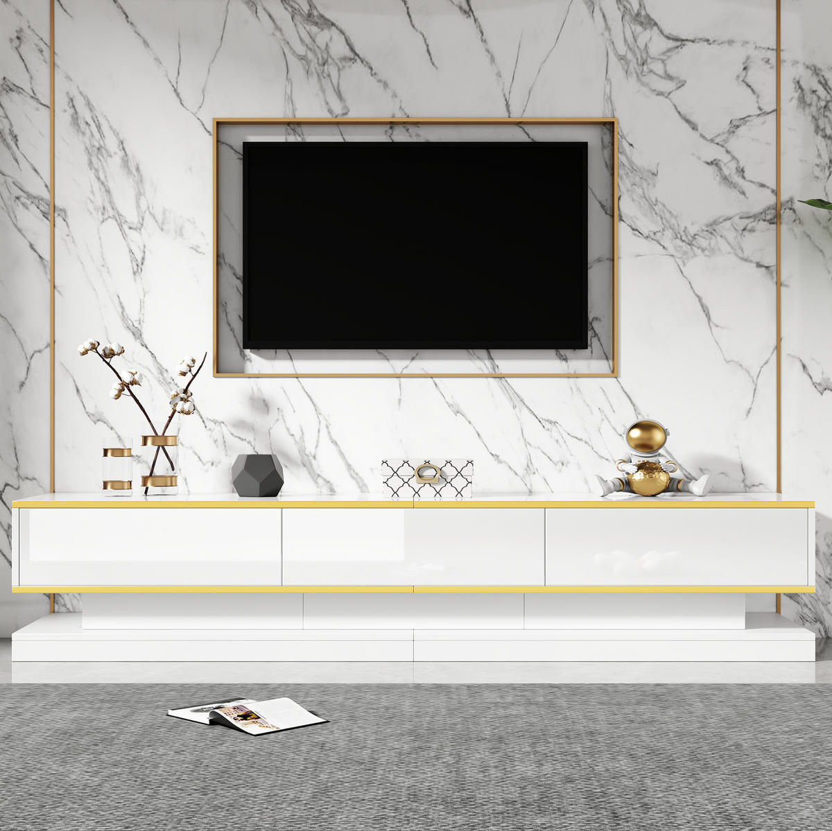 TV-LOWBOARD aus Spanplatte 200x40x40 cm Warmweiß mit Goldrand, 3 Schubladen und offenen Fächern - Weiß, Holzwerkstoff (200/40/40cm) - IVMEU