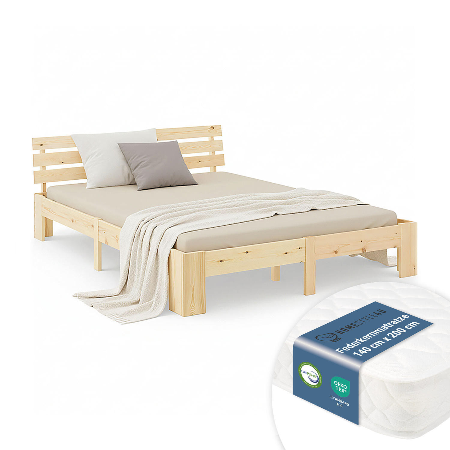 HOLZBETT Natur 140/200 cm Jugendbett mit Matratze - Naturfarben, Holz (140/200cm) - Homestyle4u