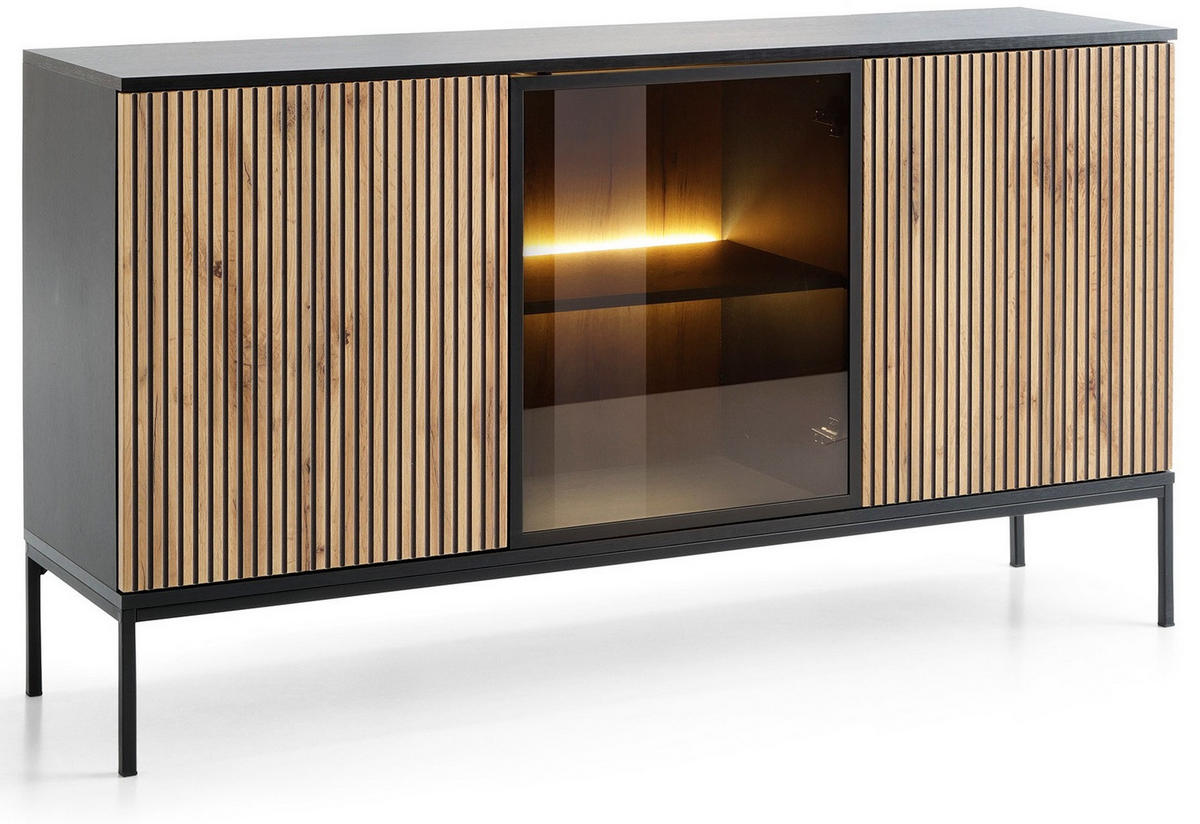 KOMMODE 150 cm Haller mit Lamellen, LED-Beleuchtung, Braun - Braun, Holz (154/83/39cm) - Emporius