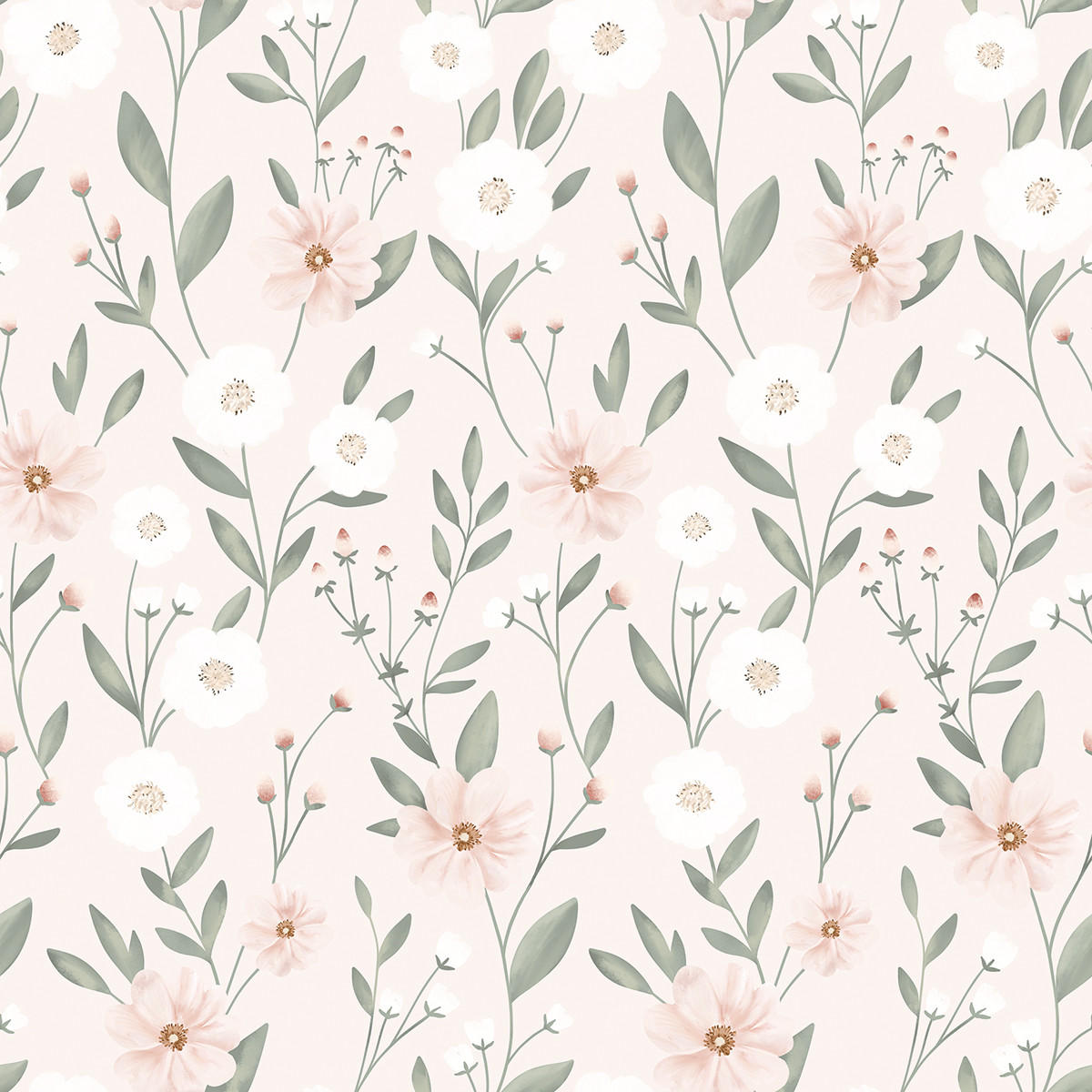 VLIESTAPETE Eden Blumen 50 cm x 10 m rosa Hintergrund - Hellrosa/Salbeigrün, Papier (50/1000cm) - Lilipinso