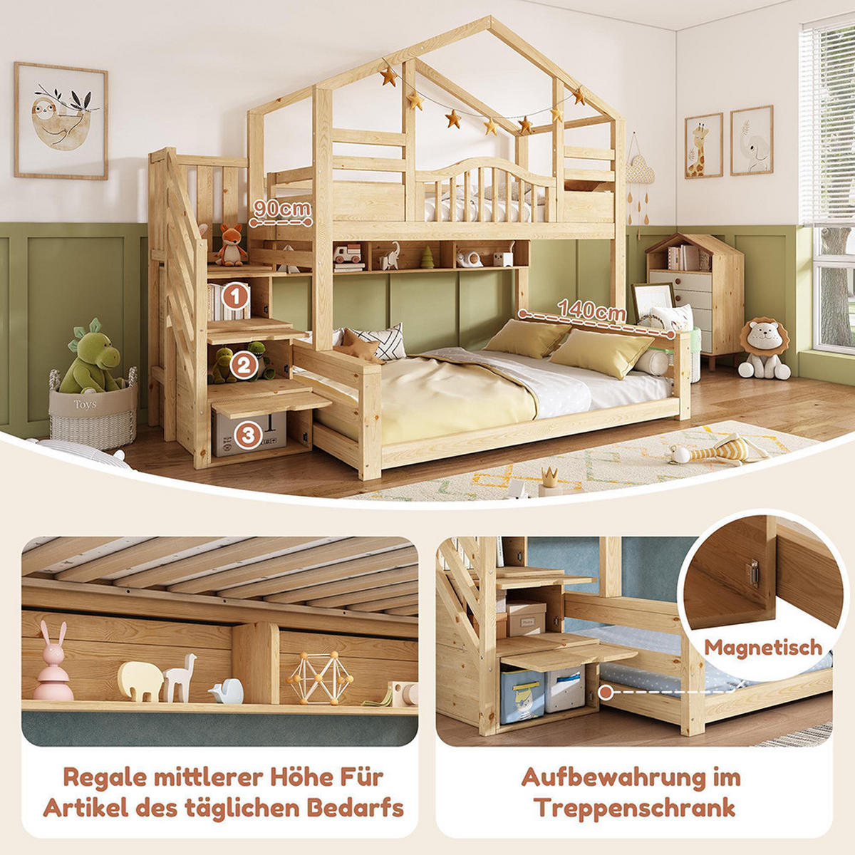 HAUSBETT 90x200 oben 140x200 unten mit Treppenschrank in Hell Natürlich - Naturfarben, Holz (140/200cm) - KOMHTOM