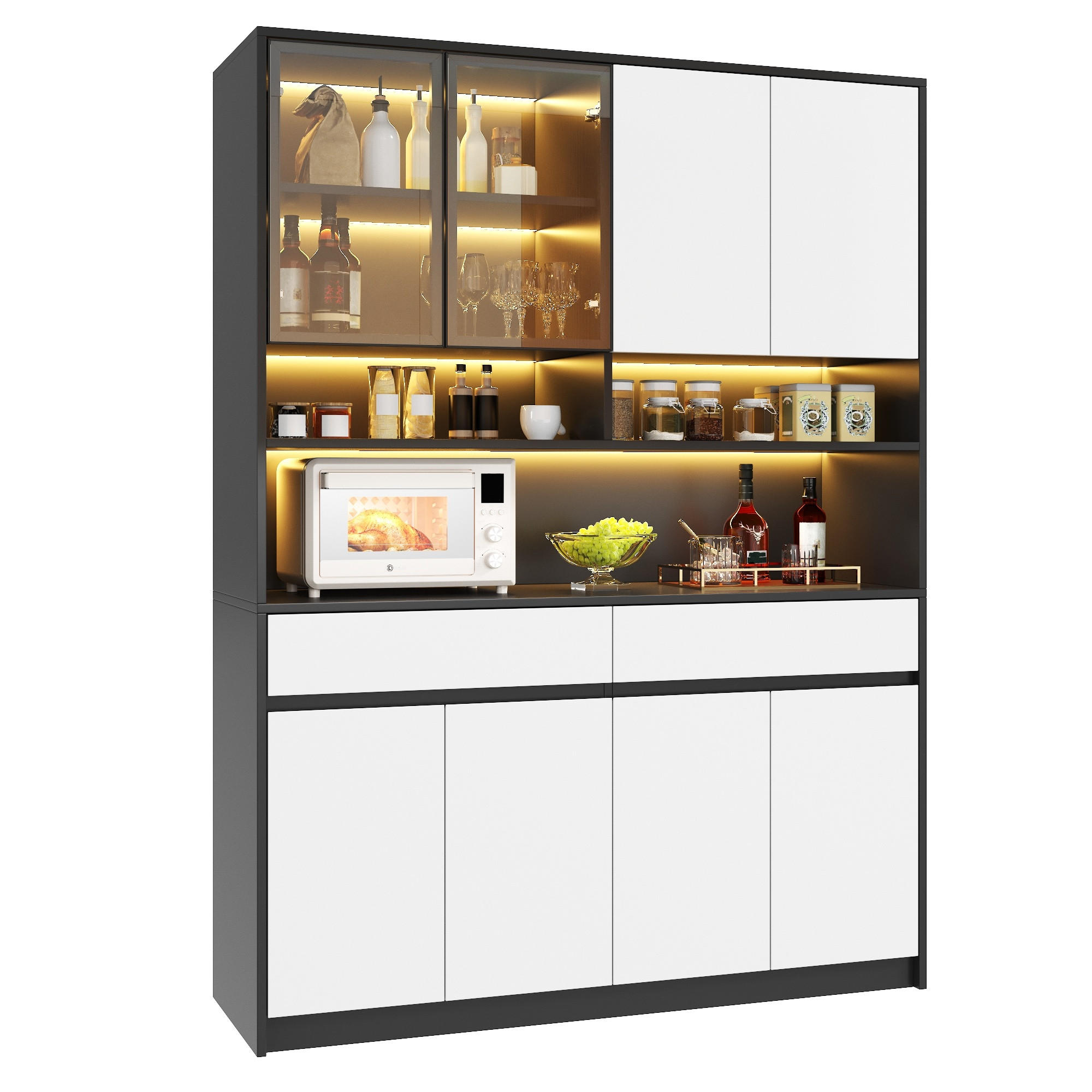 BUFFET Hochschrank mit LED-Glasfach, offenen Ablagen und App-Steuerung - Weiß, Holzwerkstoff (38/160/120cm) - Korfee