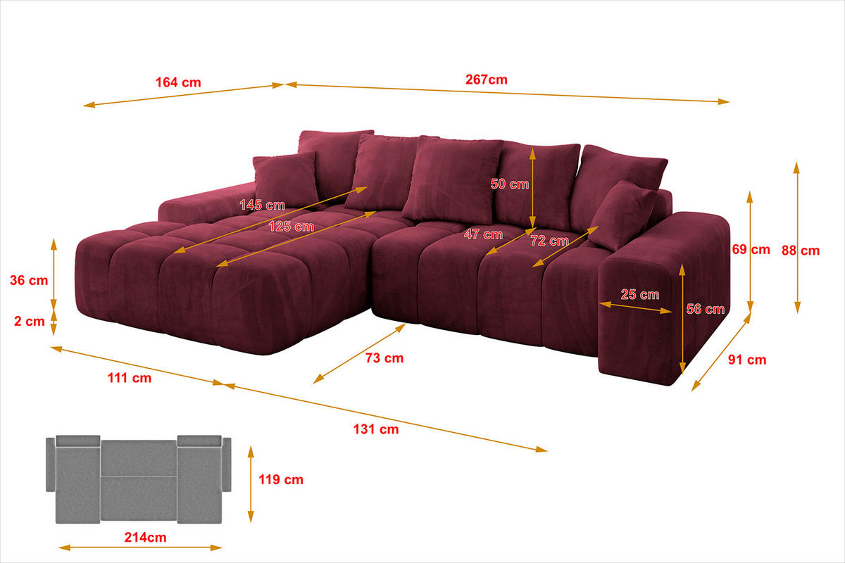ECKSOFA Ottomane Links ENSI-L - 267x164x88 cm Bordeaux - Bordeaux, Holzwerkstoff/Kunststoff (267/164cm) - ALTDECOR