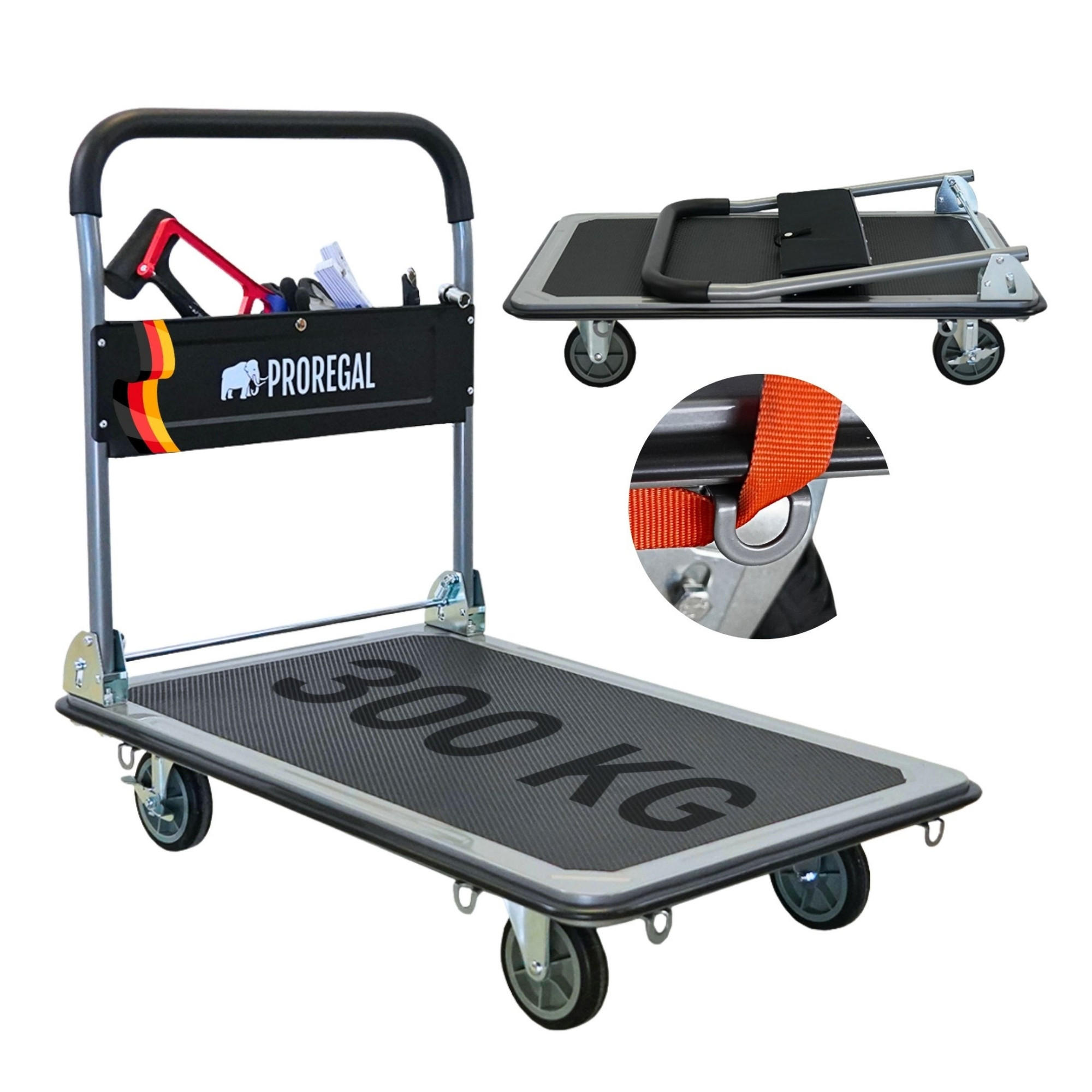 PLATTFORMWAGEN Transportwagen Rhino 300kg klappbar mit Gummiräder & Werkzeugtasche - Schwarz, Metall (90/60/85cm) - PROREGAL