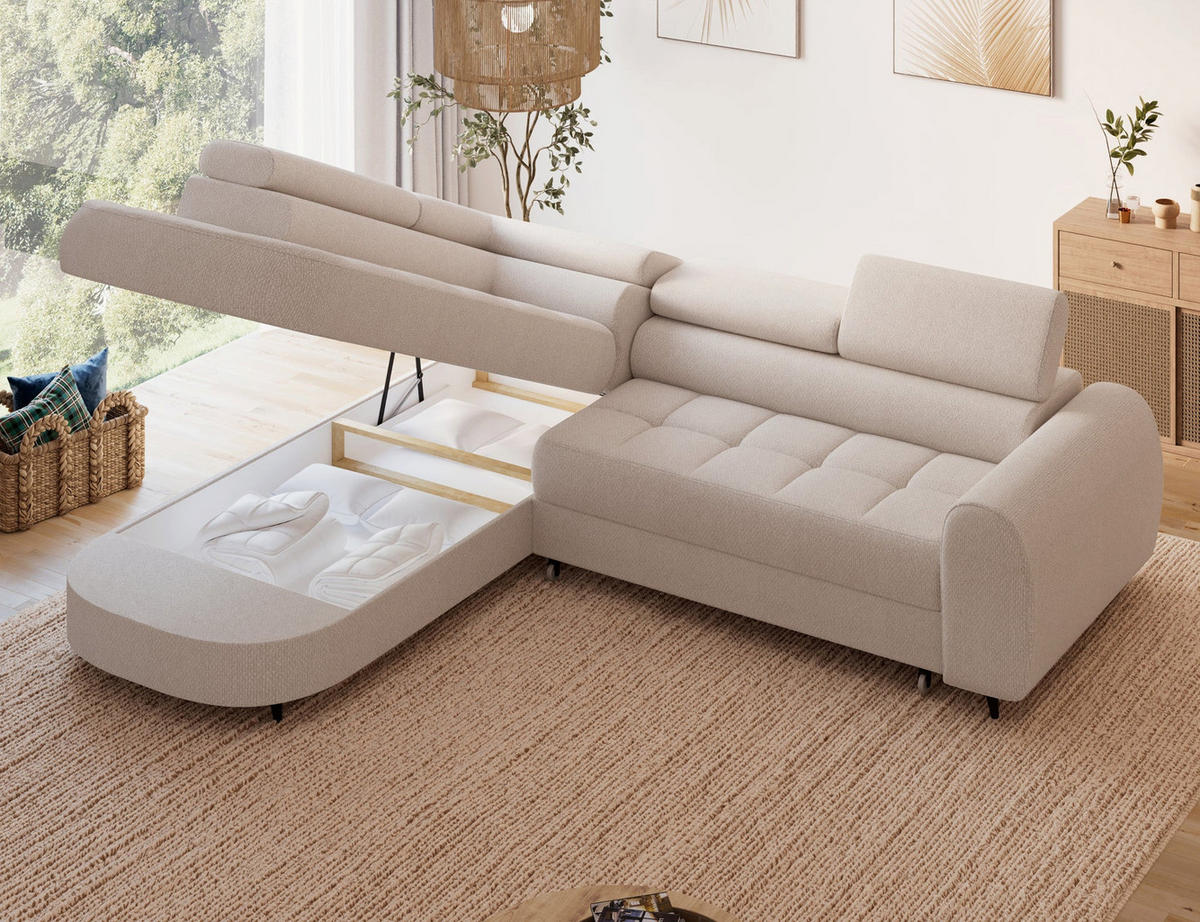 ECKSOFA Vesteria mit Schlaffunktion und Bettkasten – Modernes Design, verstellbare Kopfstützen und hoher Sitzkomfort - Beige, Kunststoff (279/72cm) - Wohnideebilder