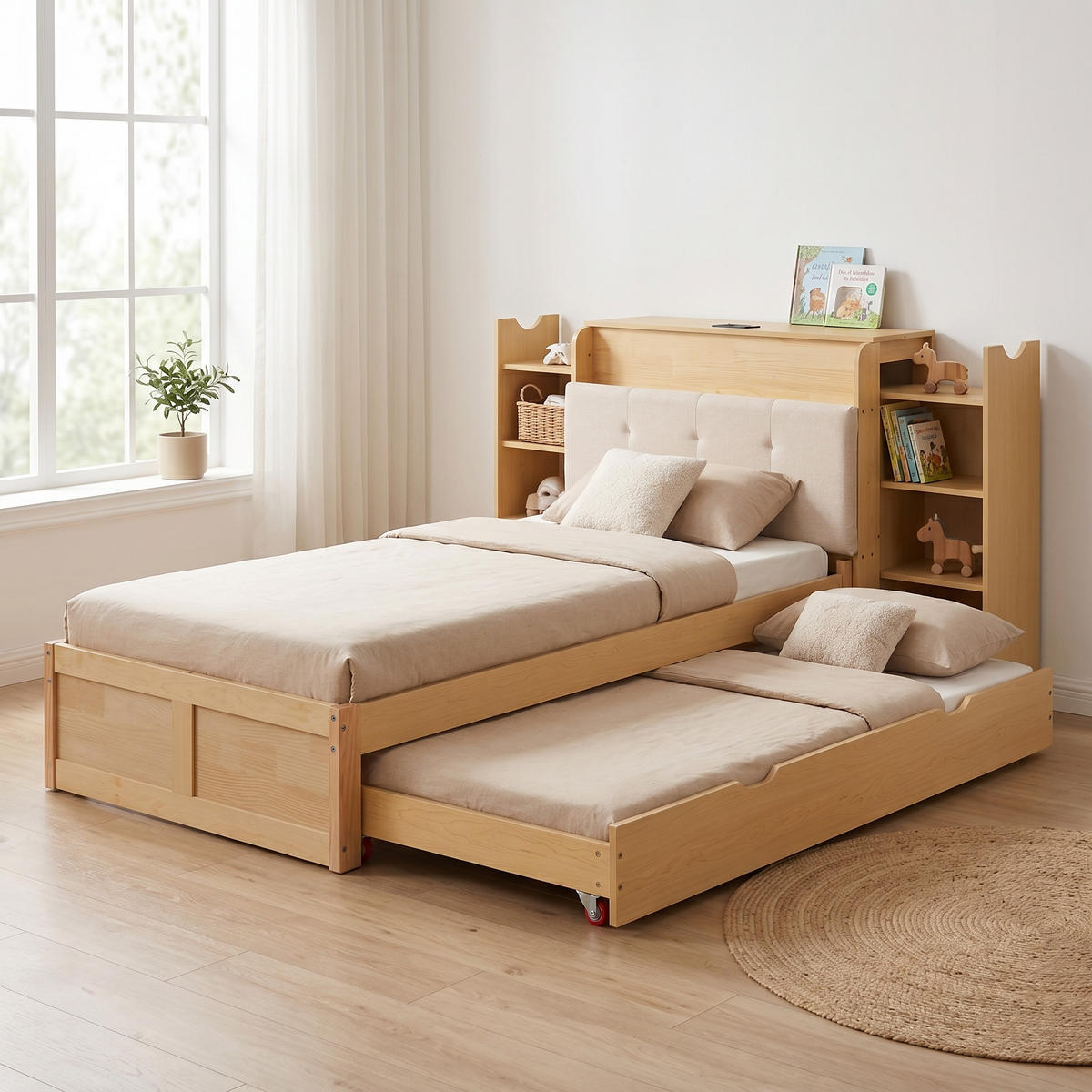 BETT 90/200 cm in Naturholzfarben & Beige mit Ausziehbett, Ablage, USB - Naturfarben, Holz/Holzwerkstoff (90/200cm) - WISHDOR