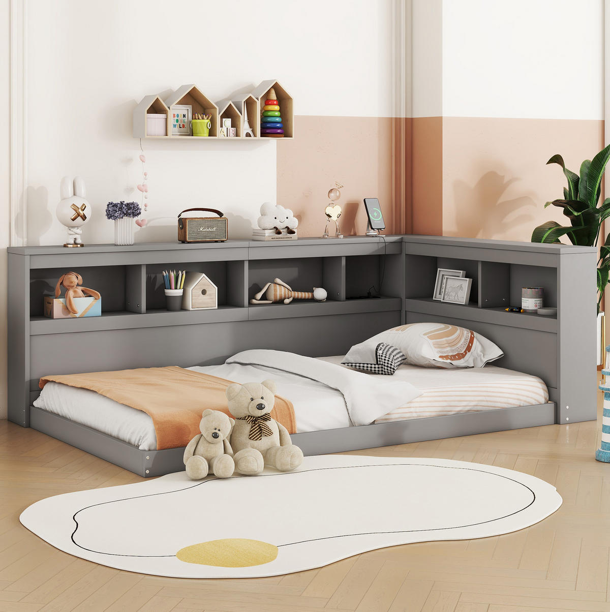 TAGESBETT 90/200 cm mit Steckdose, 2 USB-Anschlüssen, Ablagefächern und Lattenrost, Grau - Grau, Holzwerkstoff (90/200cm) - Redom