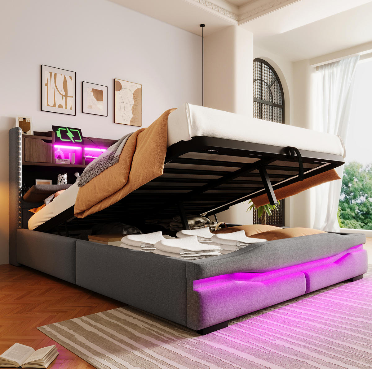 POLSTERBETT mit Stauraum & LED 140x200 cm Leinen Gray - Grau, Metall (140/200cm) - Meubliv