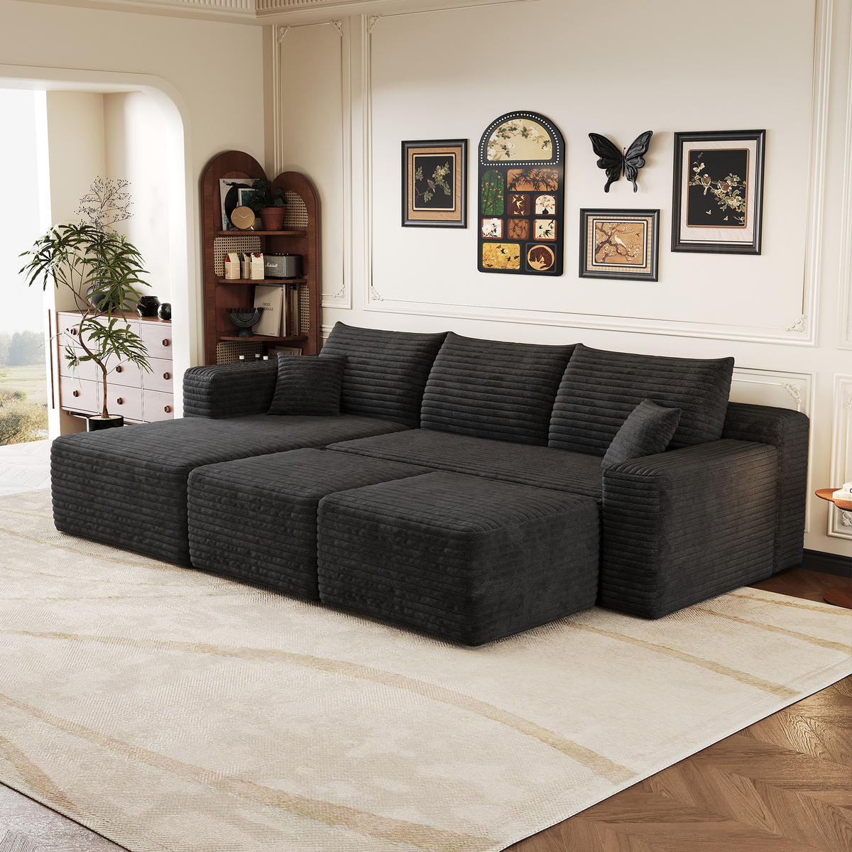 WOHNLANDSCHAFT Cord Schwarz ohne Montage - Schwarz, Textil (241/58/151cm) - WISHDOR