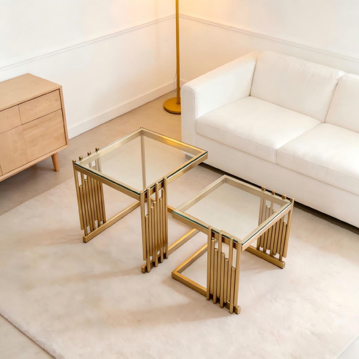 COUCHTISCH mit gehärteter Glasplatte Metallgestell zweiteilig modern Transparent Standardgröße - Goldfarben, Glas/Holzwerkstoff (41/41/46cm) - EVRYAE