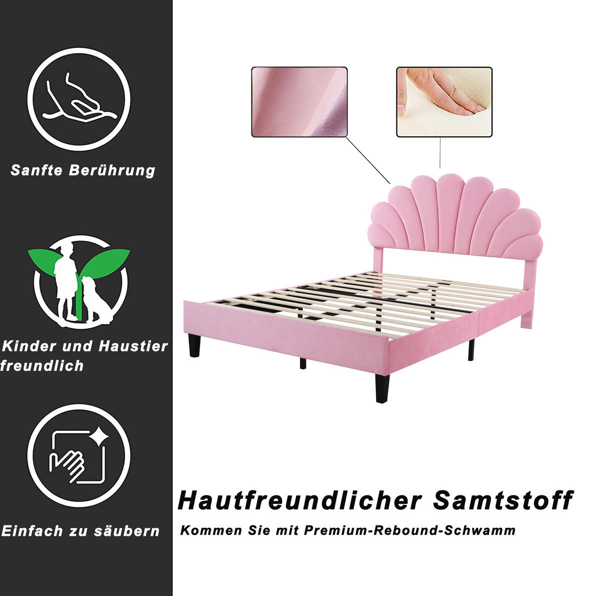 POLSTERBETT 140/200 cm in Rosa aus Samt mit Blumen-Kopfteil und Lattenrost - Rosa, Textil (140/200cm) - Flora Grace