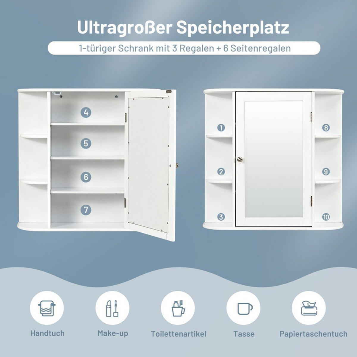 SPIEGELSCHRANK BAD mit 4 Fächern weiß - Weiß, Holzwerkstoff (66/62/16.5cm) - COSTWAY