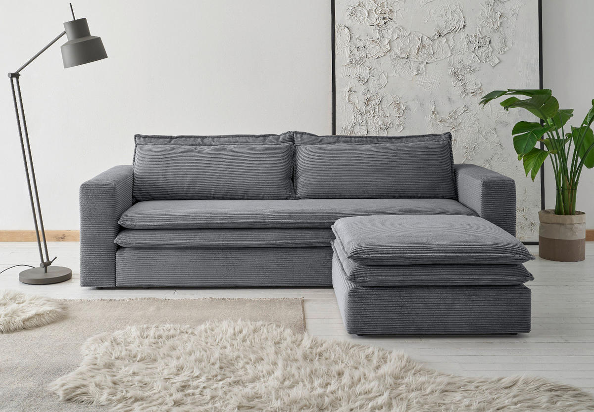 SOFA-SET grau Cord, Couch 3-Sitzer mit Bettfunktion inklusive Hocker - Beige/Grau, Holz/Textil (244/83/176cm) - Furn.Design
