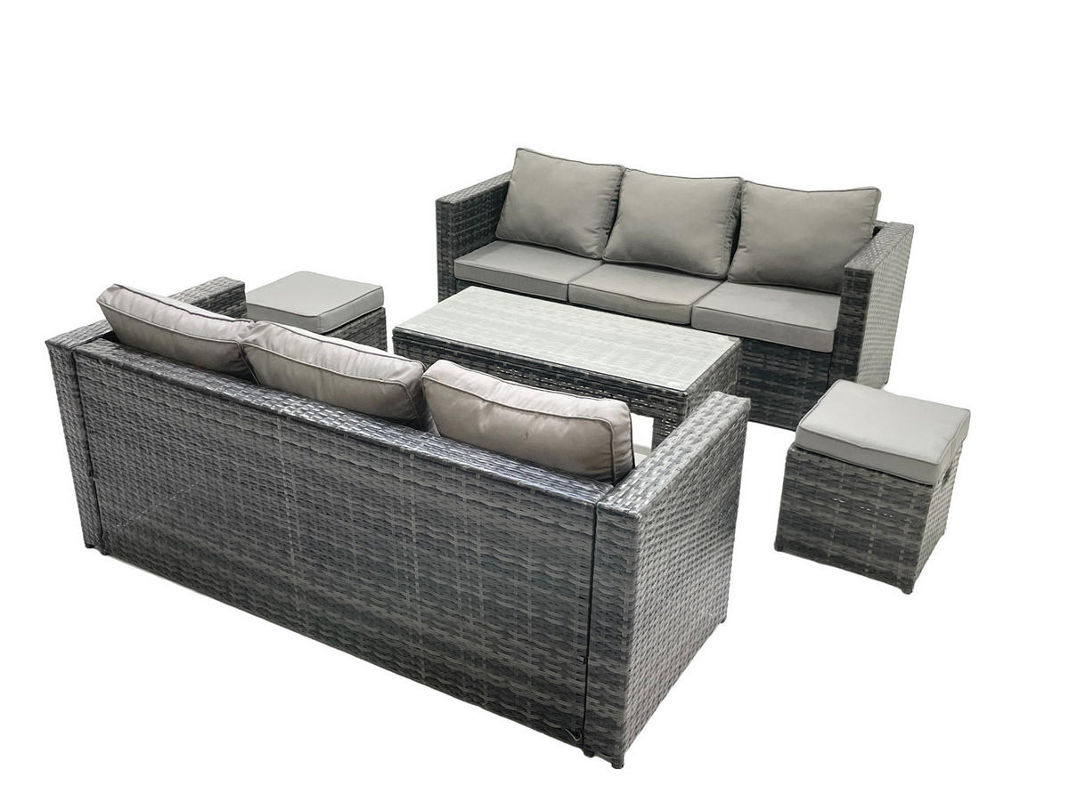 GARTENMÖBEL COUCHTISCH SET mit Sofa Polyrattan Outdoor 8-Sitzer - Dunkelgrau/Grau, Glas/Kunststoff - Fimous