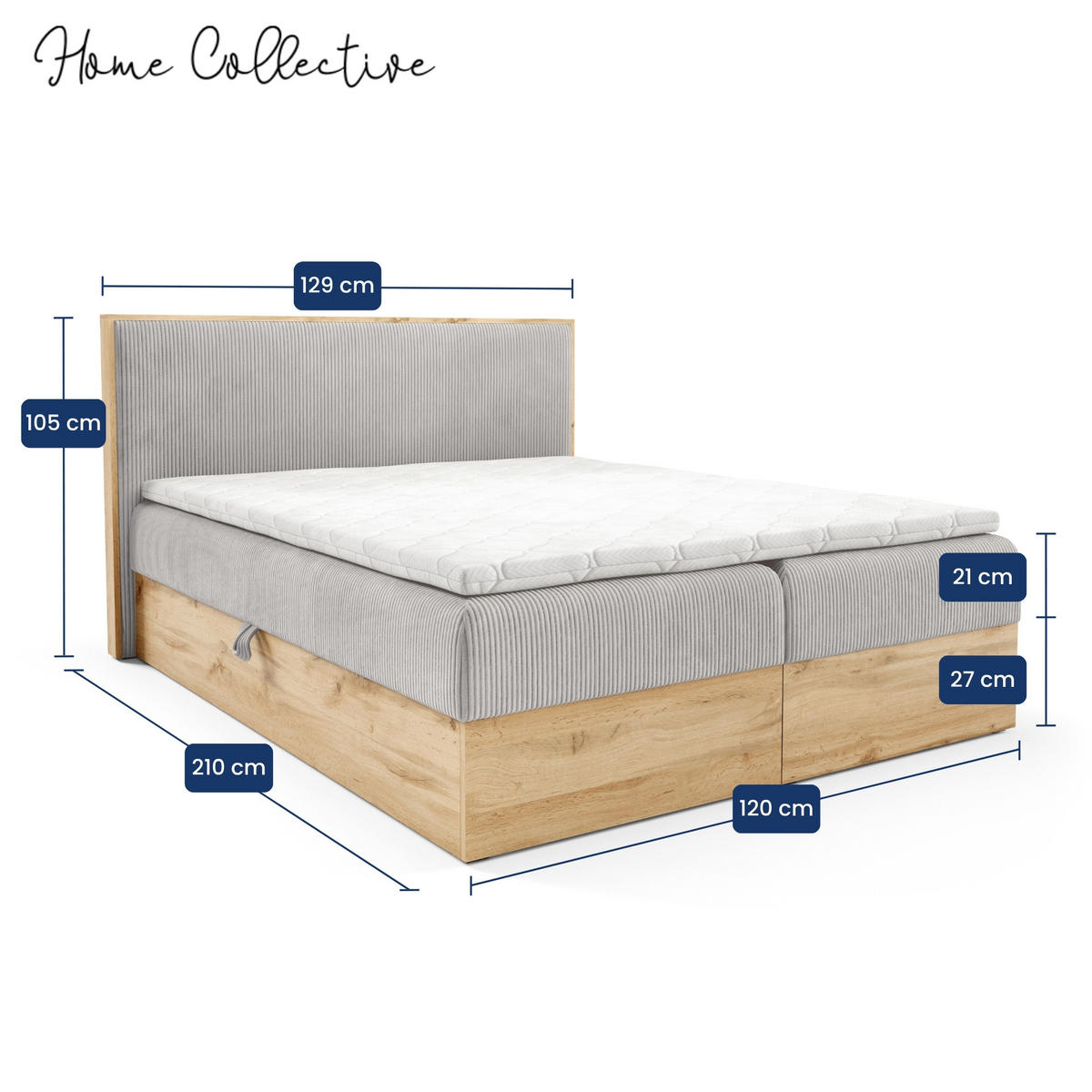 BOXBETT Holzoptik Sonoma mit Topper 120x200 cm Hellgrau - Hellgrau, Textil (120/200cm) - Home Collective
