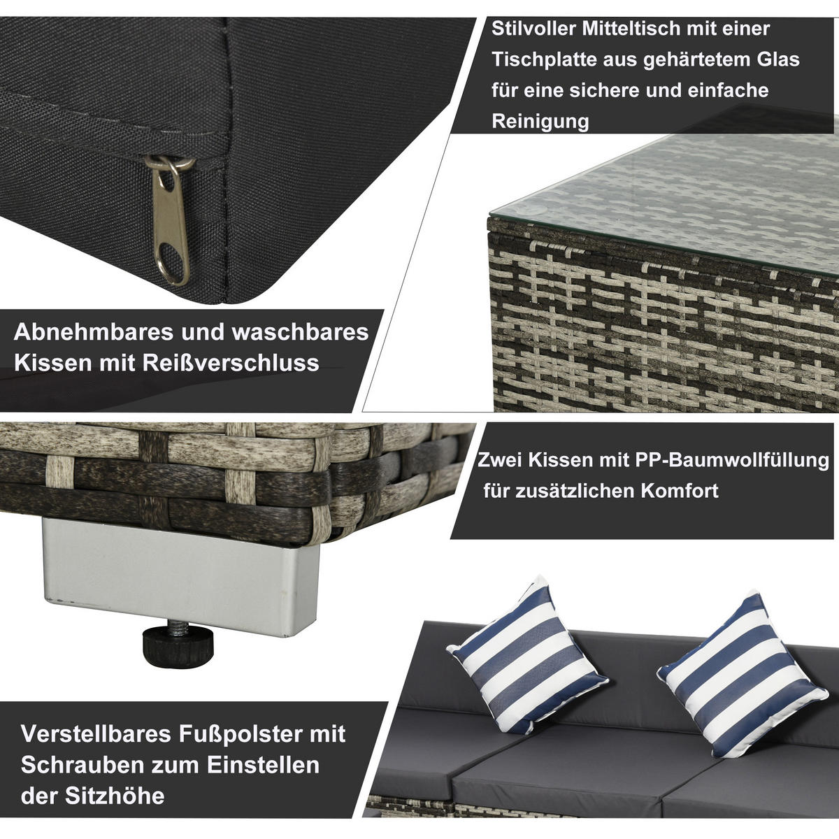 GARTENMÖBEL Set, Metall, PE-Rattan, Grau - Grau, Metall - Outsunny