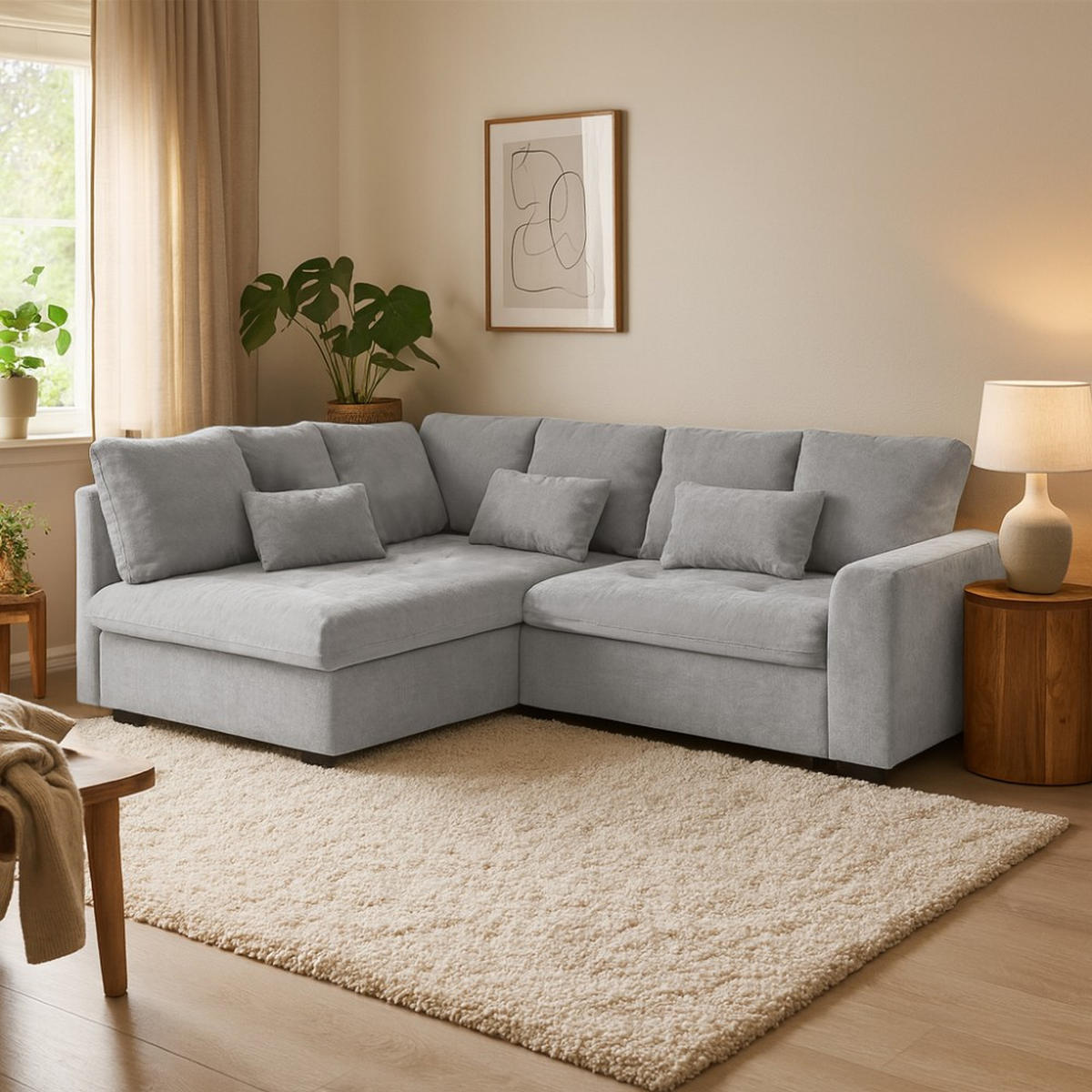ECKSCHLAFSOFA Ramo mit Bettkasten, Topper gratis, Hellgrau, links - Hellgrau/Schwarz, Textil (229/190cm) - Beautysofa