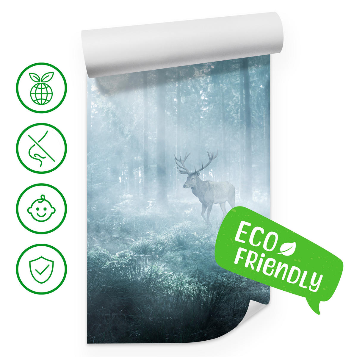 FOTOTAPETE für Wohnzimmer Hirsch Nebelwald Bäume Pflanzen 250x175 - Weiß/Grau, Papier (250/175cm) - Muralo